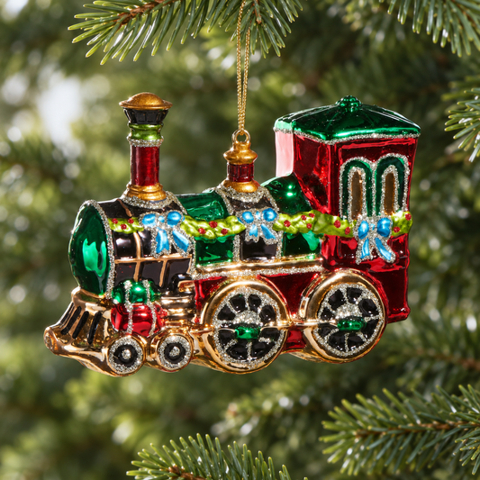 4" Multi Color Glass Train Ornament Set Of 2