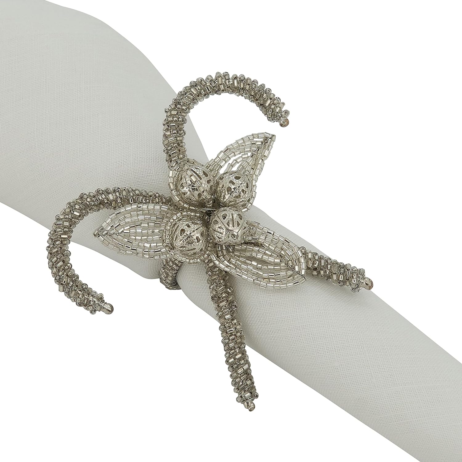 Silver Beaded Candy Cane Napkin Ring Set Of 4