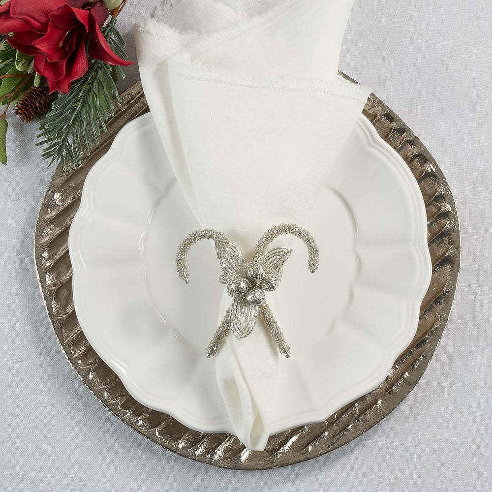 Silver Beaded Candy Cane Napkin Ring Set Of 4