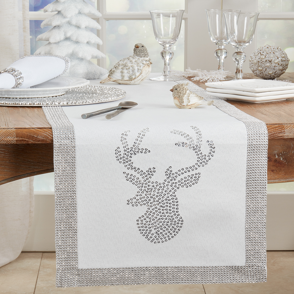 16" x 90" Silver Sequin Reindeer Runner