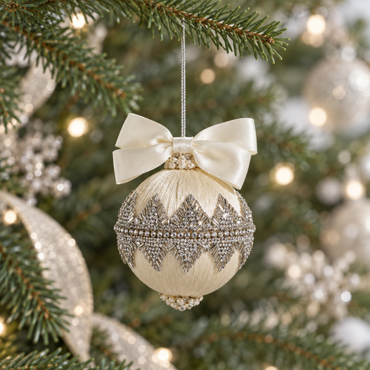 4" Ivory Jeweled Ornament With Bow Set Of 2