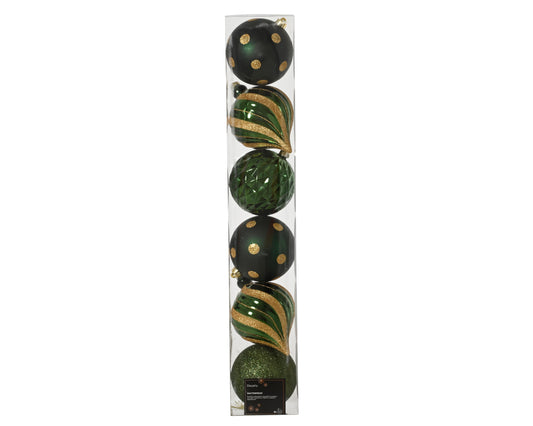 Packaged Christmas ornaments with green and gold decorations on a white background