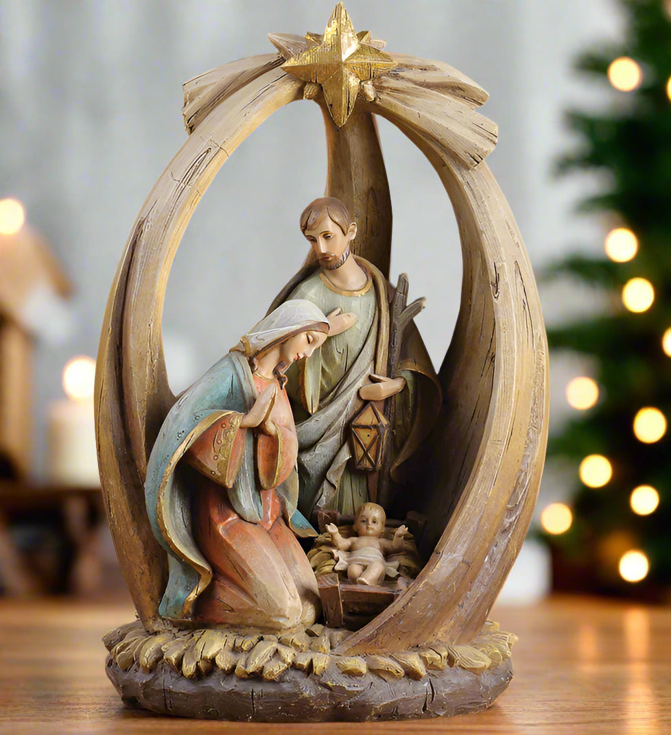 12" Woodcut Holy Family In Creche