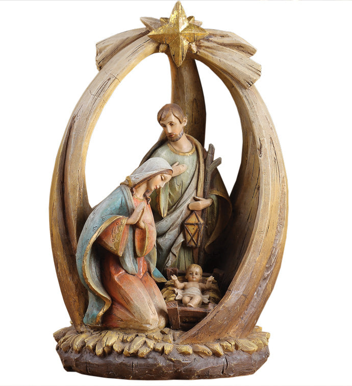 12" Woodcut Holy Family In Creche