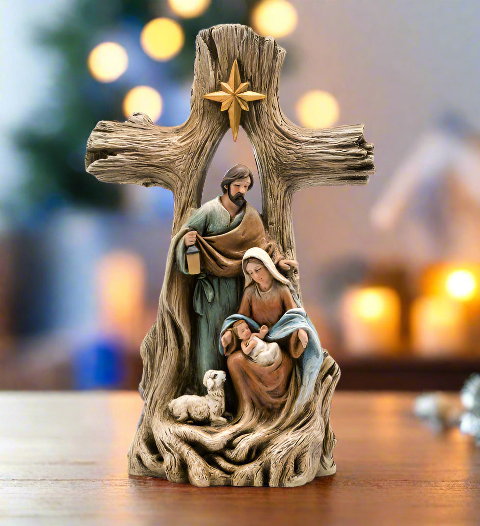 10.5" Nativity With Wood Grain Cross