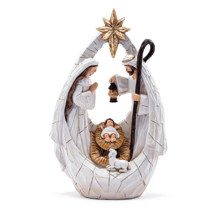 8" White Nativity In Creche With Gold Star