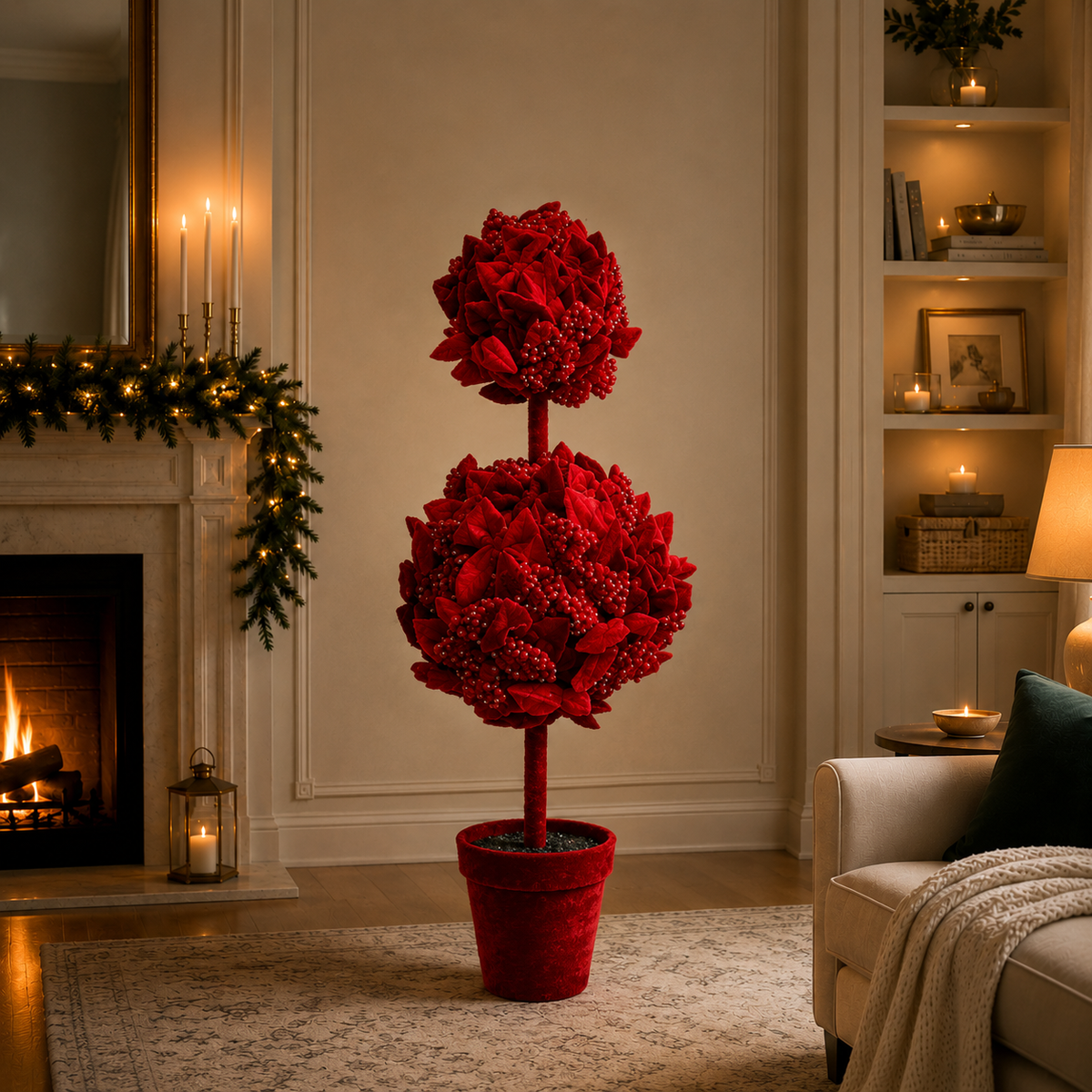 4 FT Red Velvet Sequin Bow Double Ball Topiary Potted Tree