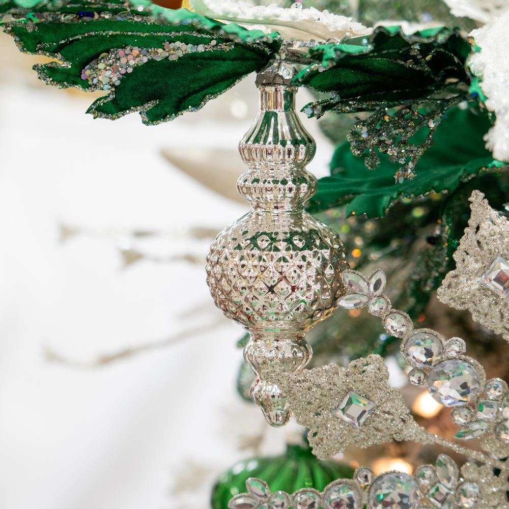 6" Silver Glass Finial Ornament Set Of 12