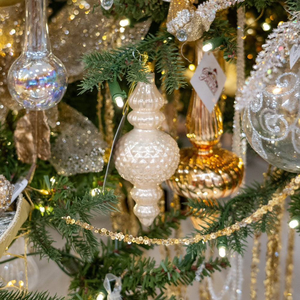 6" Pearl & Gold Glass Finial Ornament Set Of 12