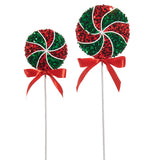 18" Red & Green Glitter Peppermint Swirl Stem Set Of 2