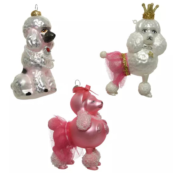 5" Pink & White Poodle Glass Assorted Set Of 3
