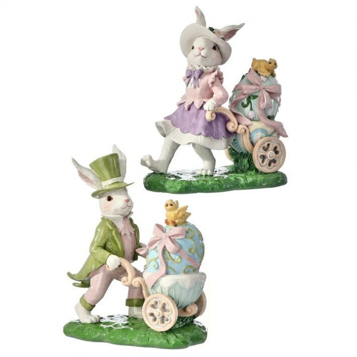 9" Bunny With Egg Cart Assorted Set Of 2
