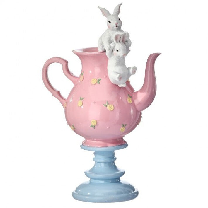 15" Pastel Pink Tea Pot On Pedestal With Bunnies