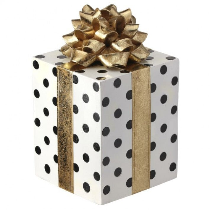 14" White & Black Polka Dotted Gift Box With Gold Bow