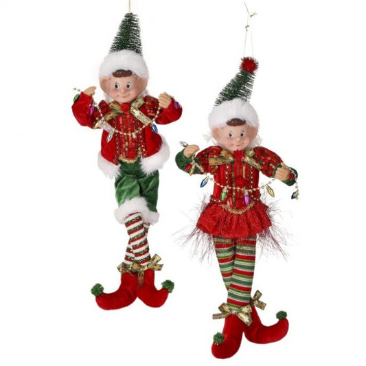 15" Multi Color Elves With Sisal Hats Ornament Assorted Set Of 2