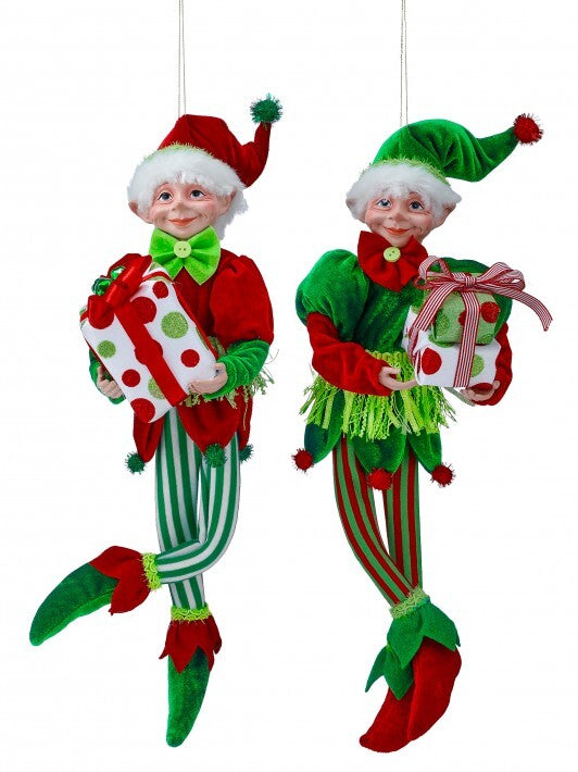 17" Red & Green Elves With Presents Ornament Assorted Set Of 2