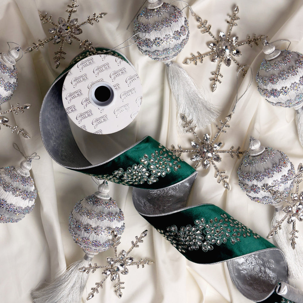 Emerald & Silver Opulence Ornament, Snowflake, & Ribbon Bundle