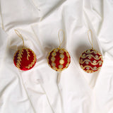 4" Red Gold Beaded Ball Ornament Set Of 6