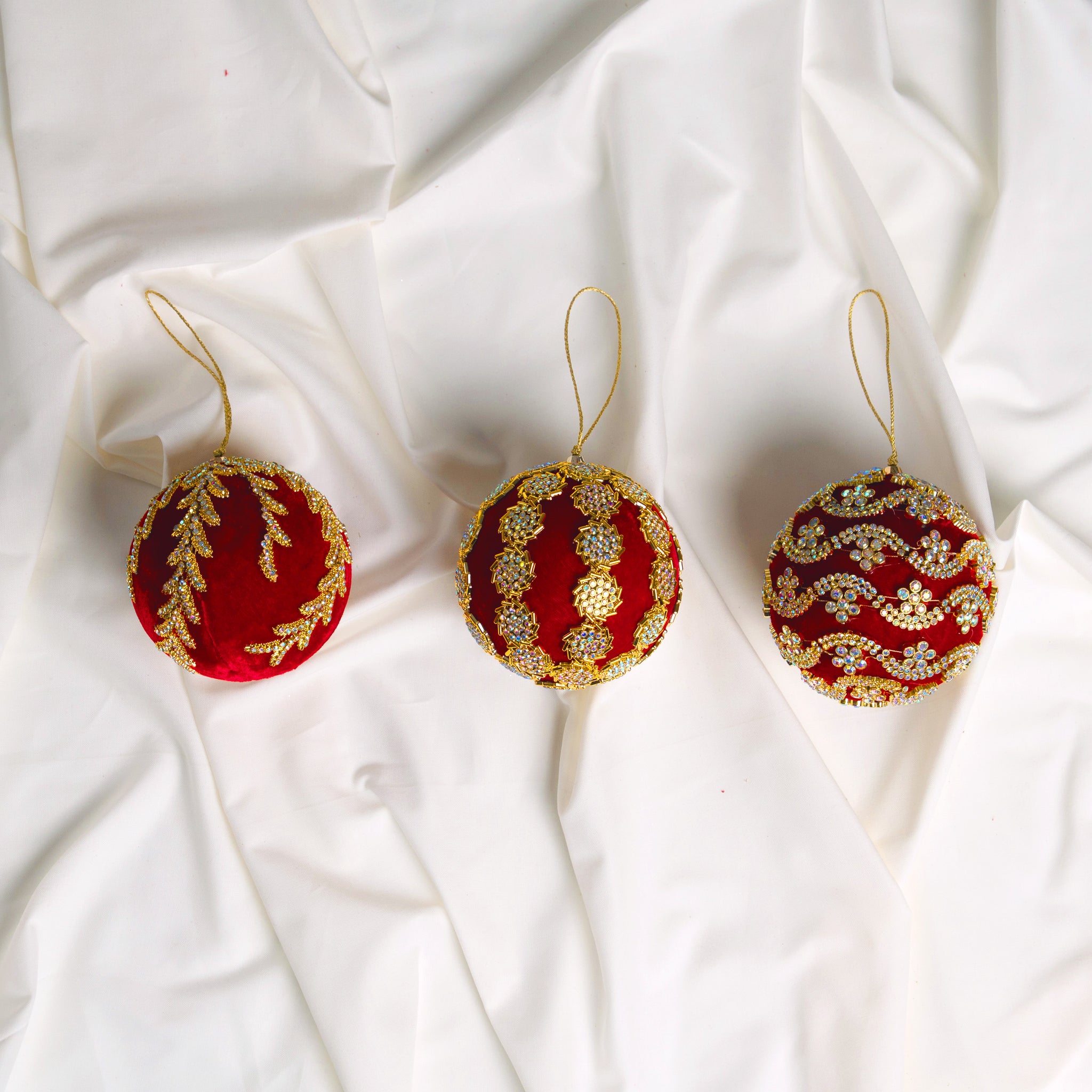 4" Red Gold Beaded Ball Ornament Set Of 6