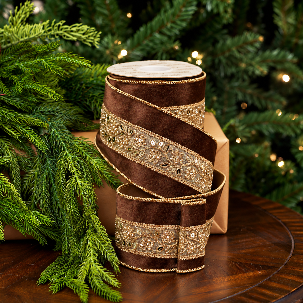 4" X 5YD Brown Velvet Ribbon With Gold Center