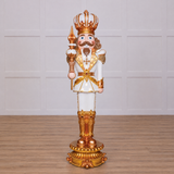 A 10 foot tall white and gold king nutcracker with LED lights and a decorative base, suitable for holiday decor.