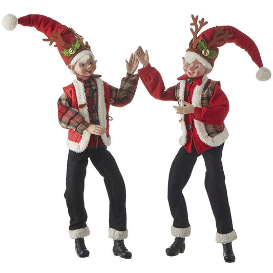 24" Posable Elves With Reindeer Antlers Assorted Set Of 2