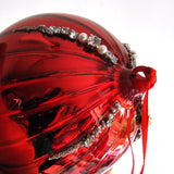 5" Red Glass White Beaded Ball Ornament Set Of 6