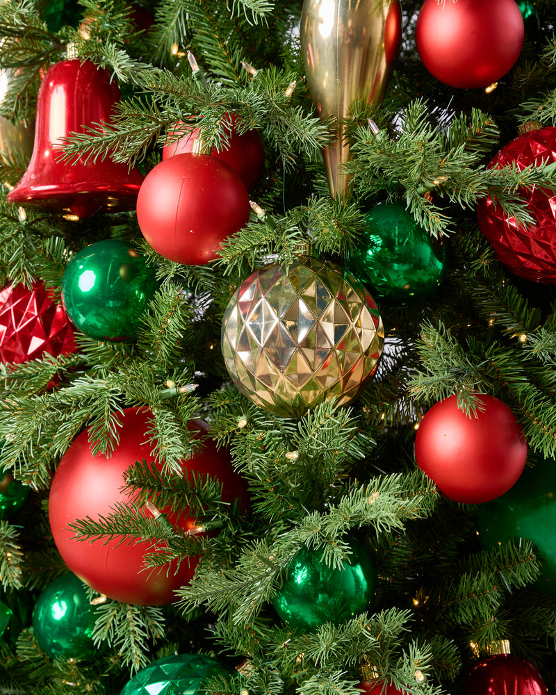 Adorno de árbol tradicional rojo, verde y dorado sin UV