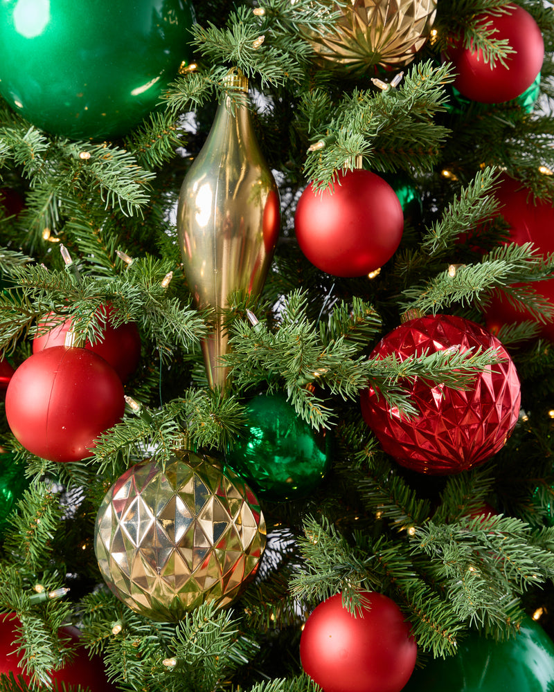 Adorno de árbol tradicional rojo, verde y dorado sin UV