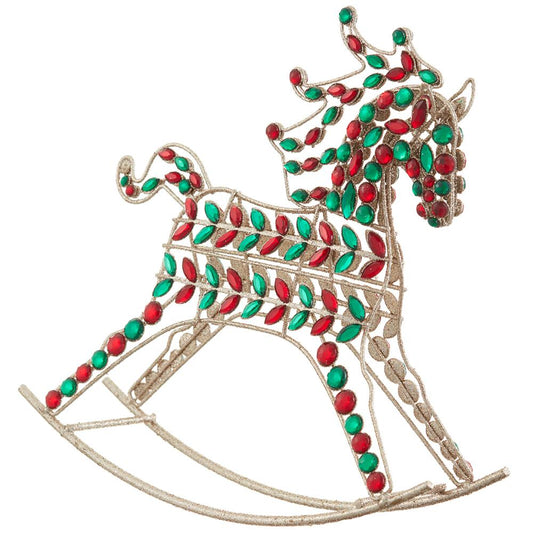 Caballito balancín de 10" con purpurina dorada y diamantes de imitación rojos y verdes