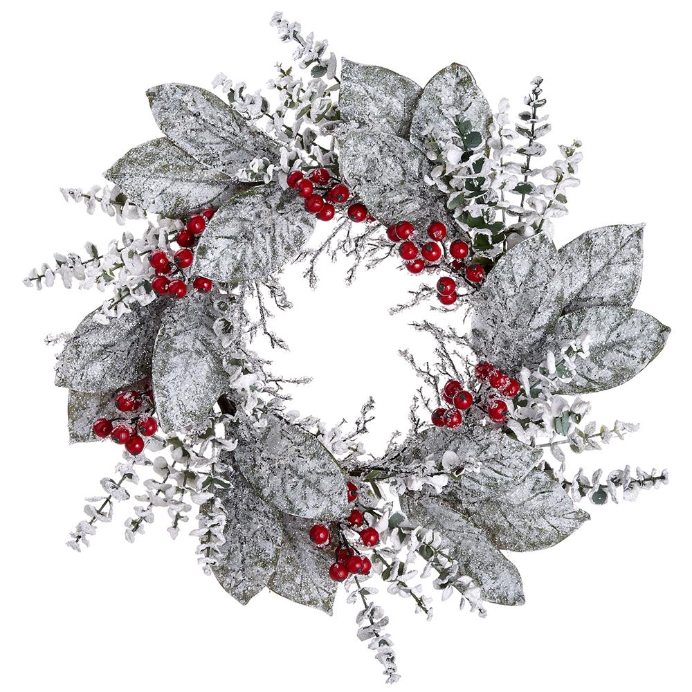 24" Snowy Berry Leaf Magnolia Wreath Unlit