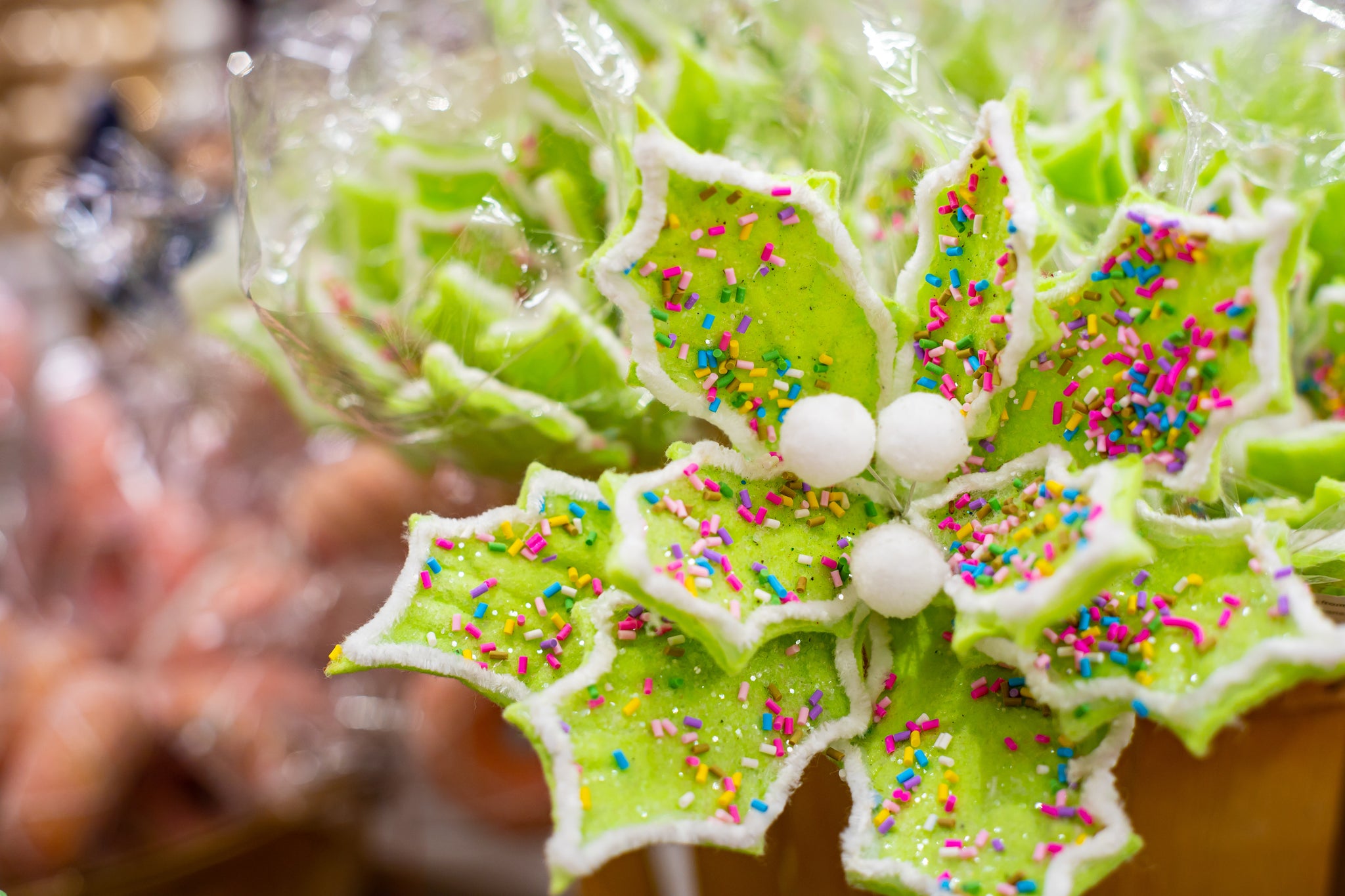 24" Green Sprinkles Candy Poinsettia Stem Set Of 6