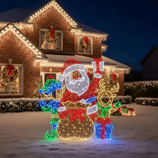 7 FT Red Santa With Elf & Deer LED Photo Op