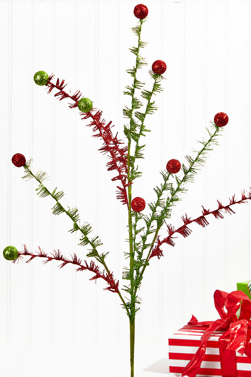 35" Red & Green Ball On Curly Spray Set Of 6