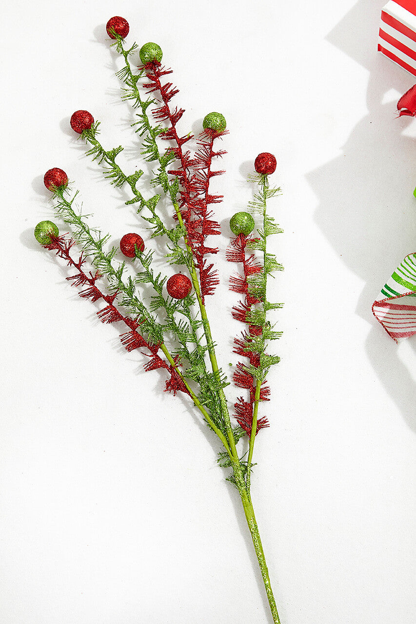 35" Red & Green Ball On Curly Spray Set Of 6