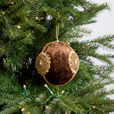 6" Brown Velvet Gold Jeweled Ornament Set Of 6