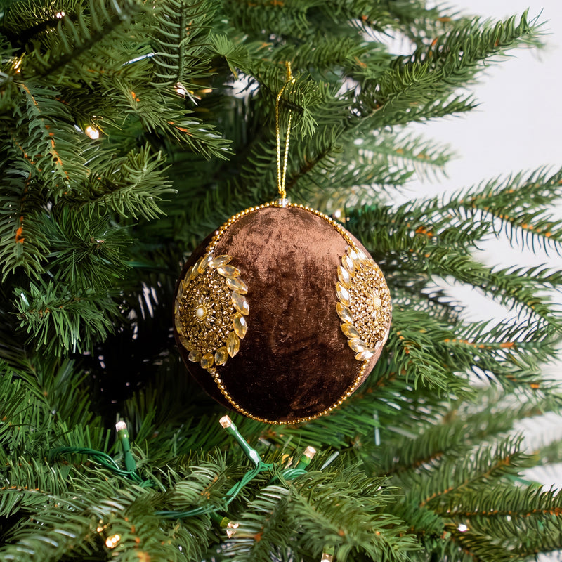 6" Brown Velvet Gold Jeweled Ornament Set Of 6