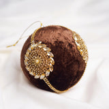 6" Brown Velvet Gold Jeweled Ornament Set Of 6