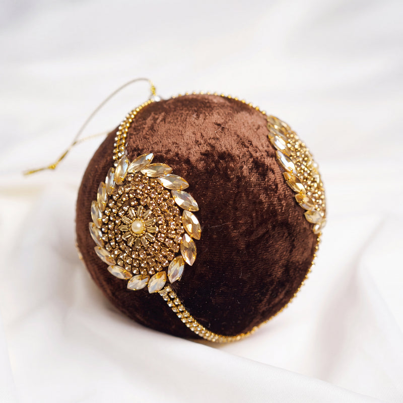 6" Brown Velvet Gold Jeweled Ornament Set Of 6