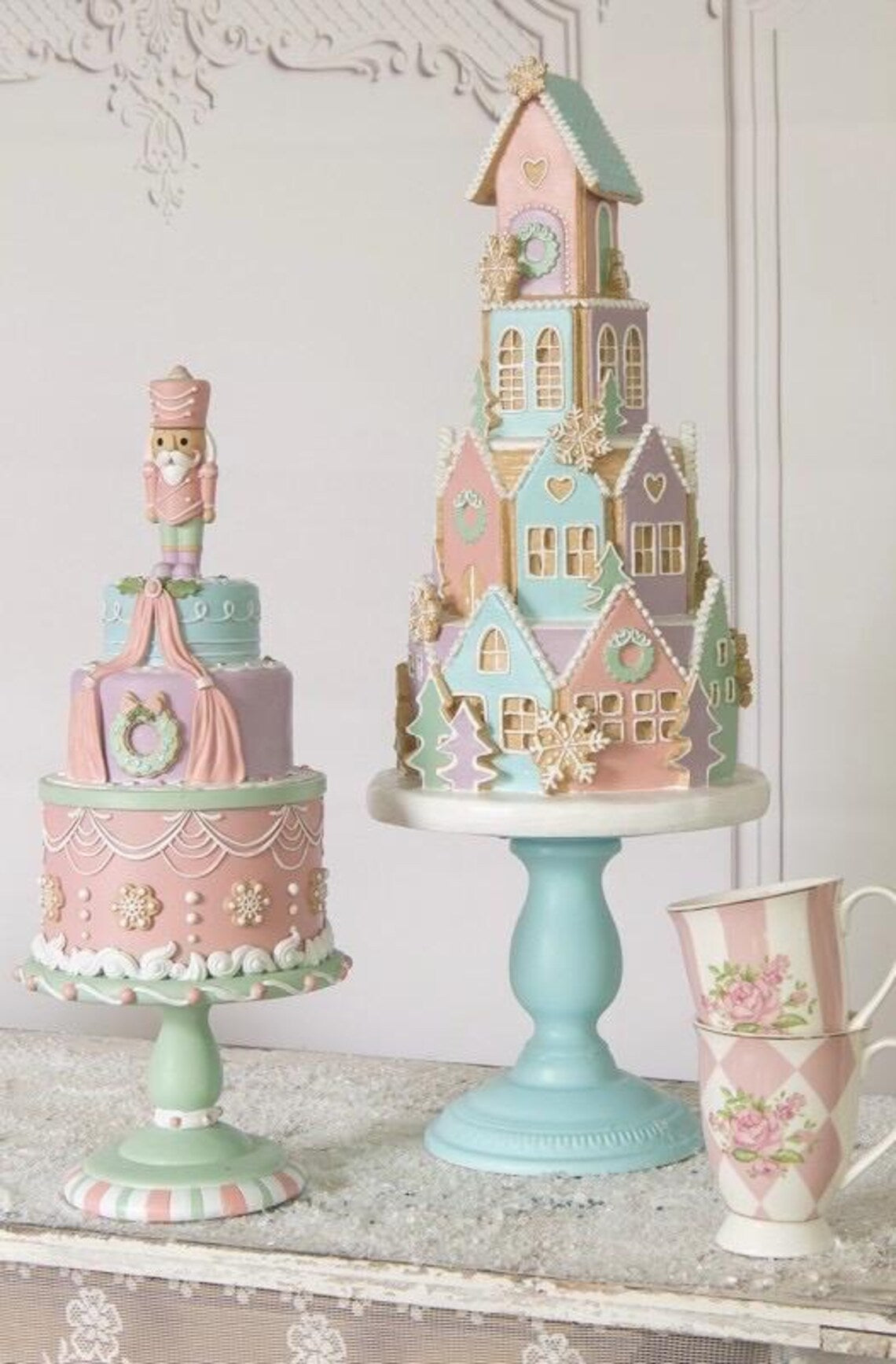 23" LED Pink & Blue Gingerbread Village On Pedestal Battery Operated