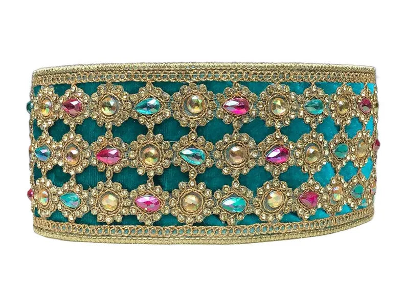 3" X 5YD Teal Multi Color Marquess Jewel Trim Ribbon