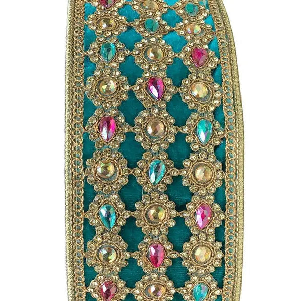 3" X 5YD Teal Multi Color Marquess Jewel Trim Ribbon