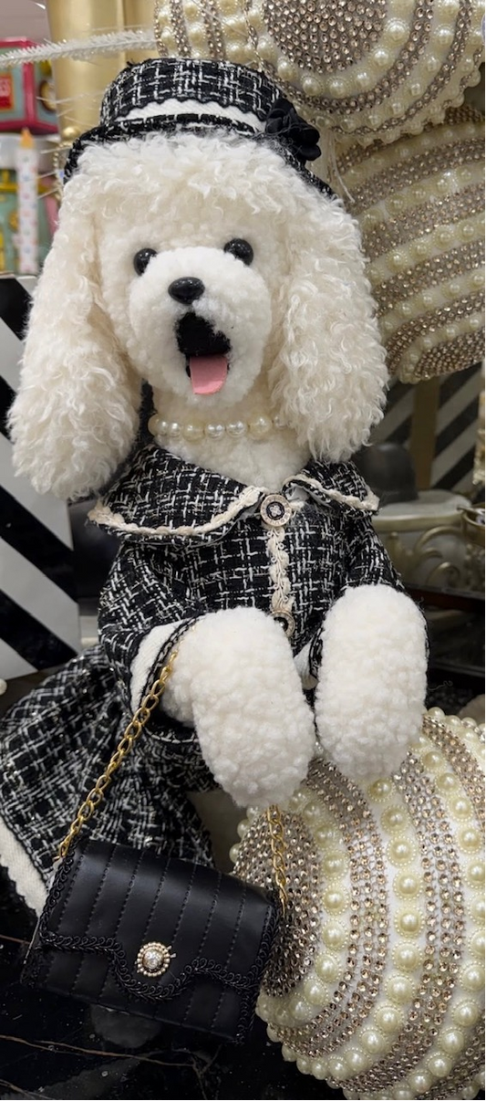22" Elegant Poodle In Tweed Dress With Handbag & Pearls