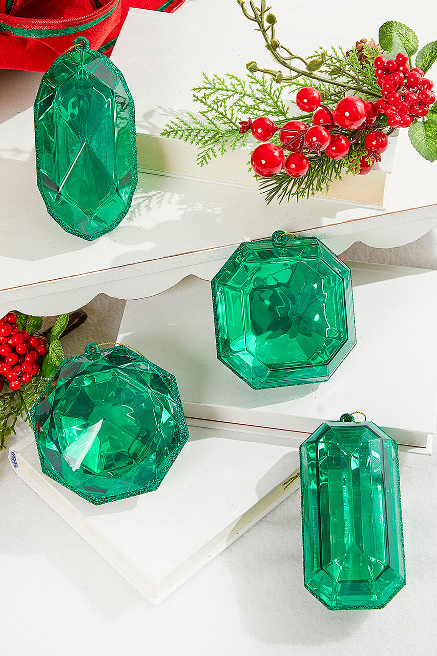 4" - 5" Green Glitter Jewel Ornament Assorted Set Of 4
