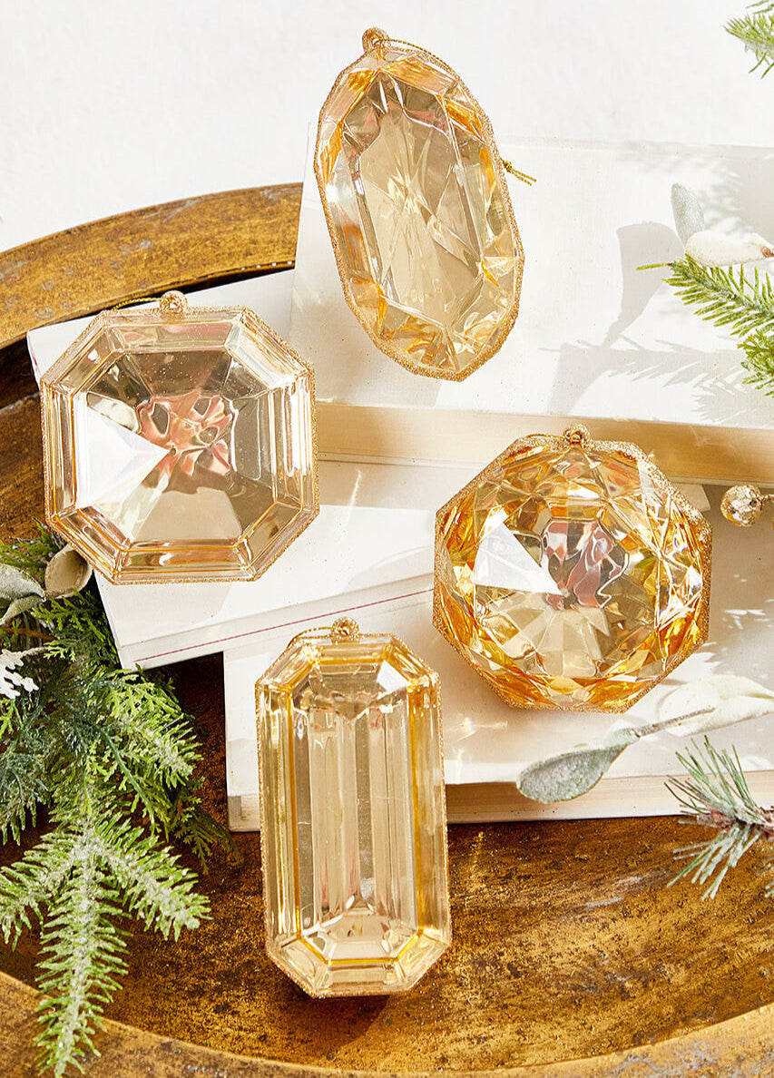 4" - 5" Champagne Glitter Jewel Ornament Assorted Set Of 4