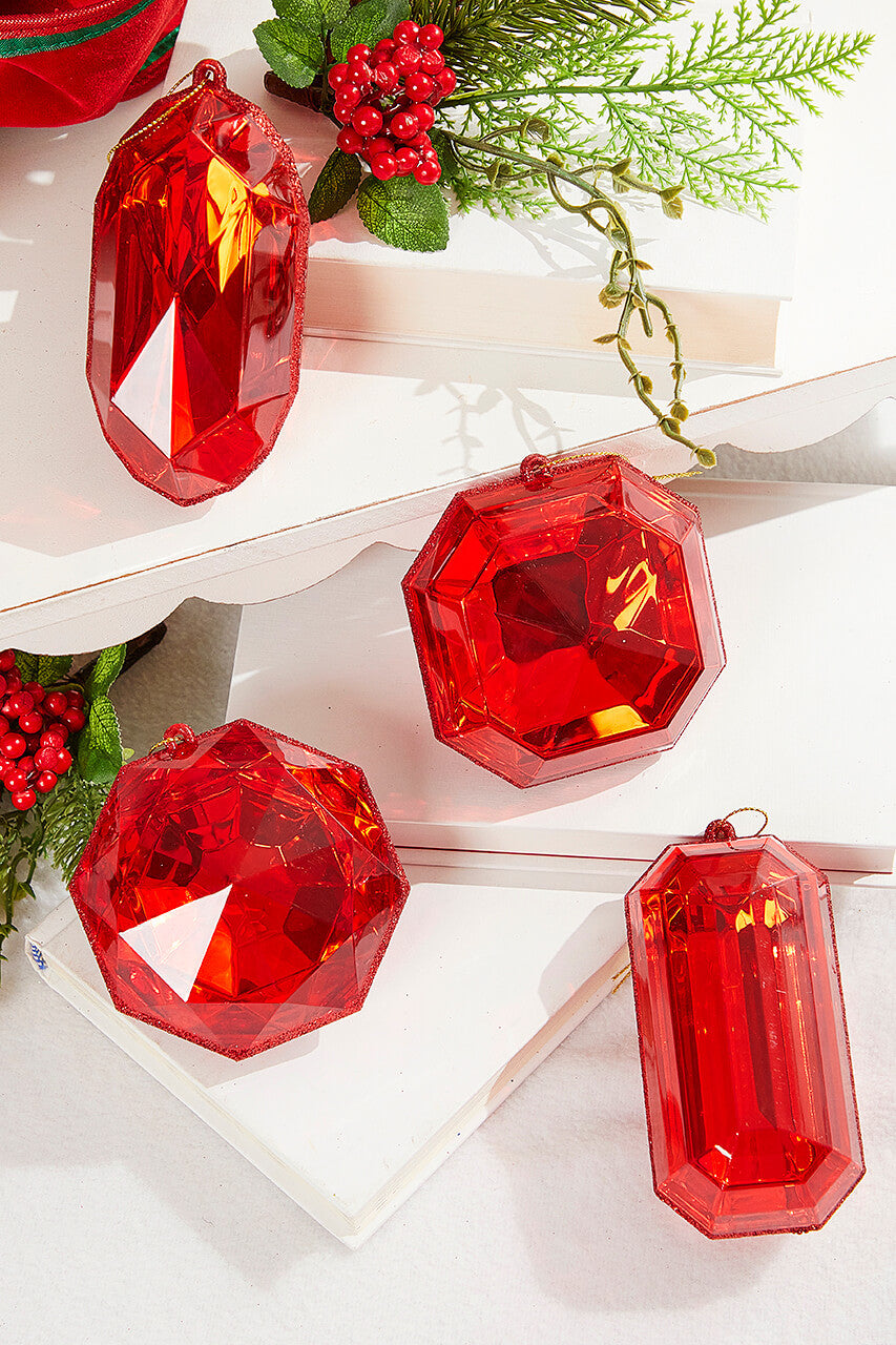 4" - 5" Red Glitter Jewel Ornament Assorted Set Of 4