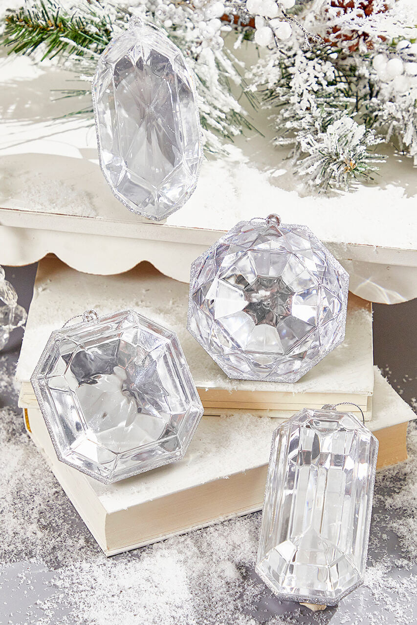 4" - 5" Silver Glitter Jewel Ornament Assorted Set Of 4