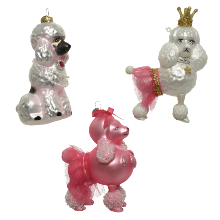 5" Pink & White Poodle Glass Assorted Set Of 3