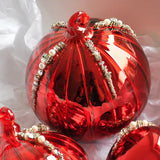 5" Red Glass White Beaded Ball Ornament Set Of 6
