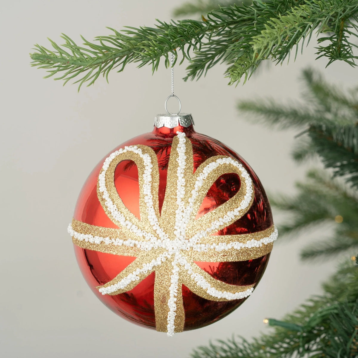 5" Red Gold Glitter Glass Ornament With Pearl Bow Set Of 9